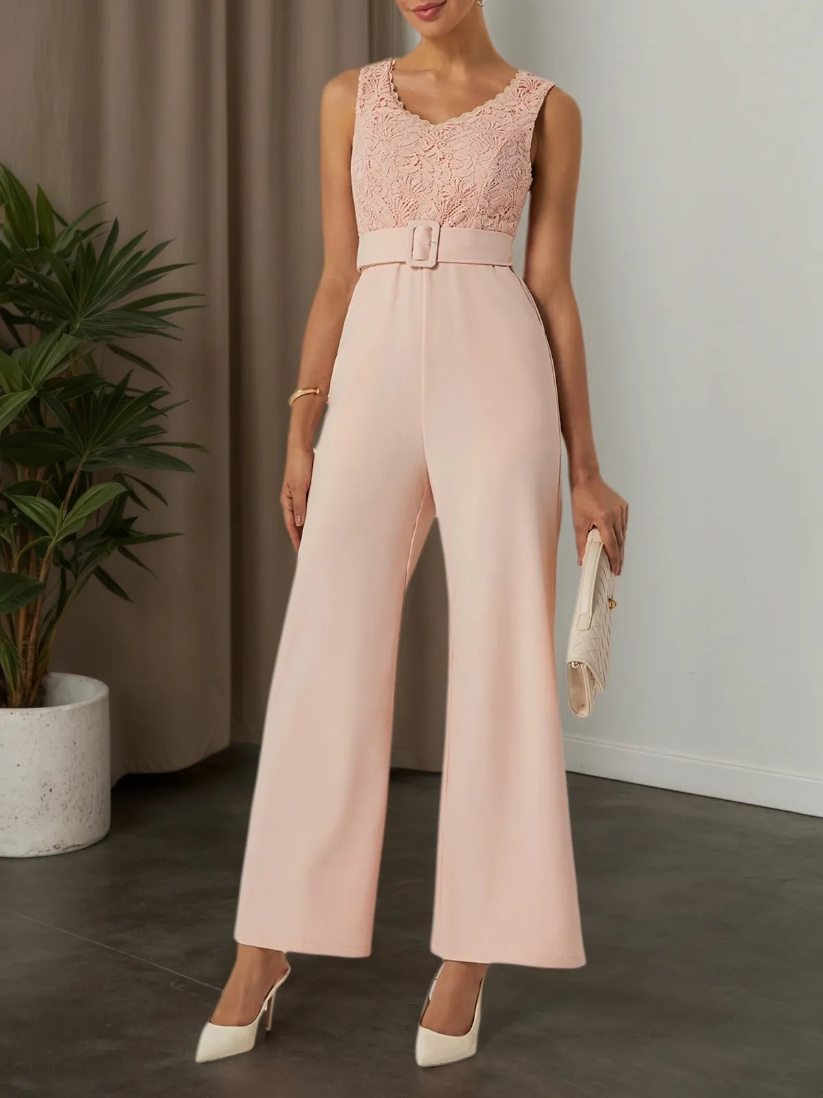 Women Pink Lace V Neck Sleeveless Ankle Length Dressy Jumpsuit