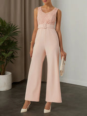 Women Pink Lace V Neck Sleeveless Ankle Length Dressy Jumpsuit