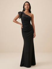 Black One-Shoulder Lace  Ruched Mermaid Evening Dress