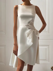 White Sequin Bow Sleeveless A-Line Midi Homecoming Dress