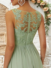Light Green Lace Ruched Chiffon V Neck Sleeveless A-Line Maxi Dress