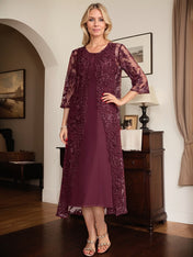 Cabernet A Line Scoop Tea-Length Lace Chiffon Mother of the Bride Dress