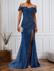 Blue Ruched Slit Sequin Off The Shoulder Short Sleeve Sheath Dress