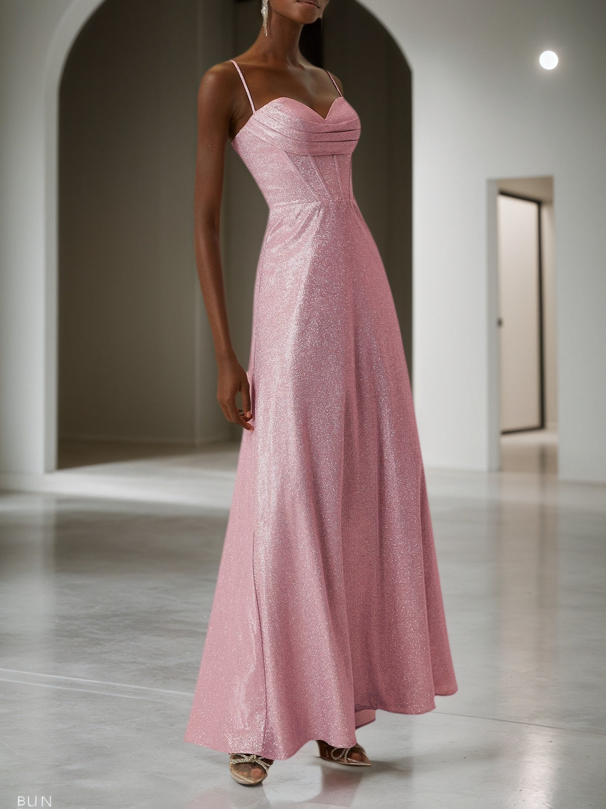 Light Pink Ruched Satin Spaghetti Corset A-Line Gown Dress
