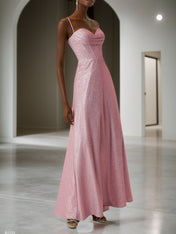 Light Pink Ruched Satin Spaghetti Corset A-Line Gown Dress