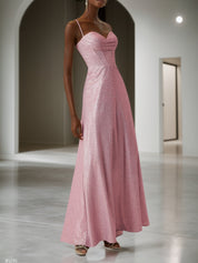 Light Pink Ruched Satin Spaghetti Corset A-Line Gown Dress