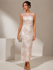Bateau Neck Floral Lace Sheath Evening Dress with Illusion Yoke