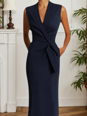 Work Dress Dark Blue V-Neck Sleeveless Midi Dress