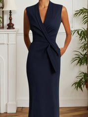 Work Dress Dark Blue V-Neck Sleeveless Midi Dress