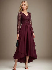 A-line V-Neck Asymmetrical Lace Chiffon Mother of the Bride Dress