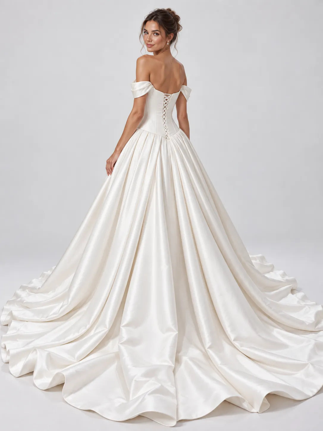 Off-The-Shoulder Beaded Plunge Satin Ball Gown Wedding Dress
