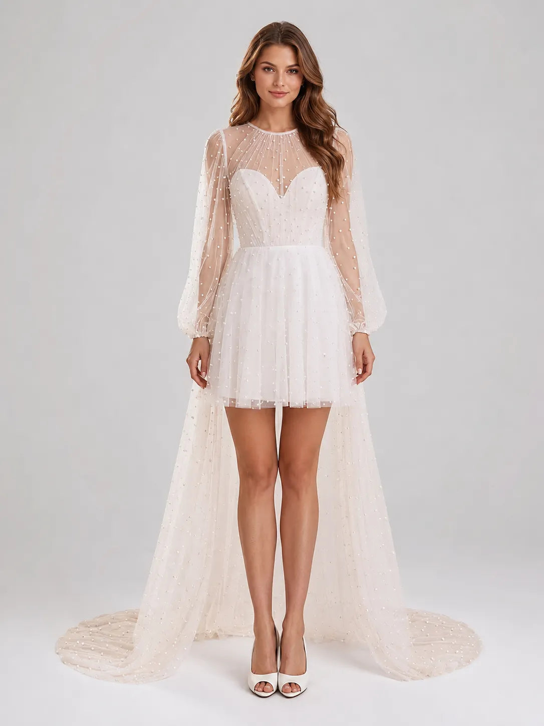 Illusion Pearl Tulle Long Sleeve Mini Bridal Dress with Detachable-Look Cathedral Train