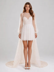 Illusion Pearl Tulle Long Sleeve Mini Bridal Dress with Detachable-Look Cathedral Train