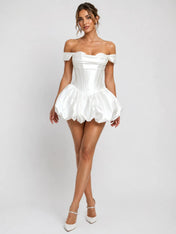 Elegant Off-Shoulder Satin Mini Wedding Dress with Corset Detail, Lace-Up Back and Bubble Skirt