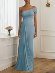 Formal Evening Dress Light Blue One Shoulder Ruched Floor Dress