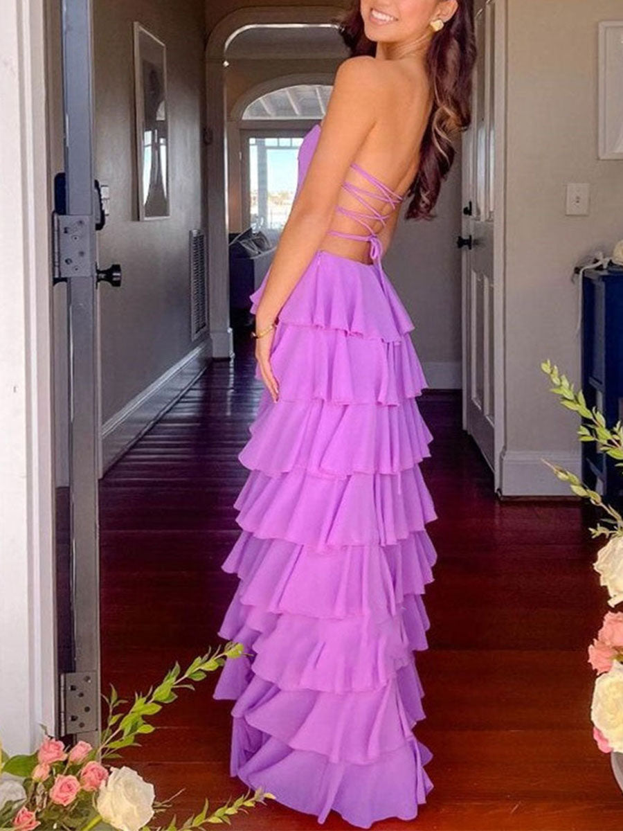Purple Strapless Cascading Tiered Ruffle Prom Dress