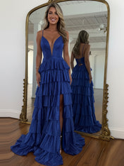 A Line Spaghetti Straps V Neck Satin Long Prom Dress with Slit