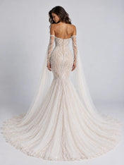 Off-the-Shoulder Illusion Branch-Embroidered Mermaid Wedding Dress with Dramatic Draped Sleeves