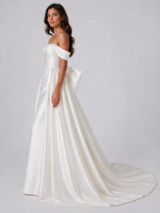 Elegant Off-Shoulder Satin Wedding Dress with Ruched Sweetheart Bodice, Overskirt, Beading and Chapel Train