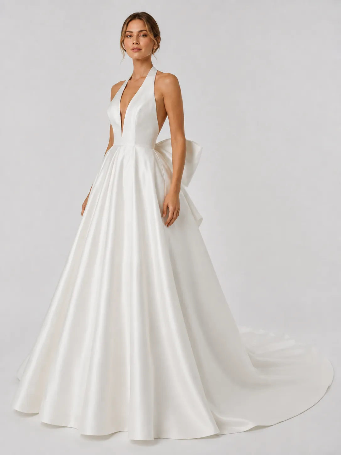 Elegant Halter Deep V-Neck Satin Ball Gown Wedding Dress with Oversized Back Bow and Cathedral Train