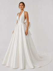 Elegant Halter Deep V-Neck Satin Ball Gown Wedding Dress with Oversized Back Bow and Cathedral Train