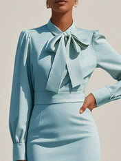 Light Blue High Neck Long Sleeve Sheath Knee Length Dress