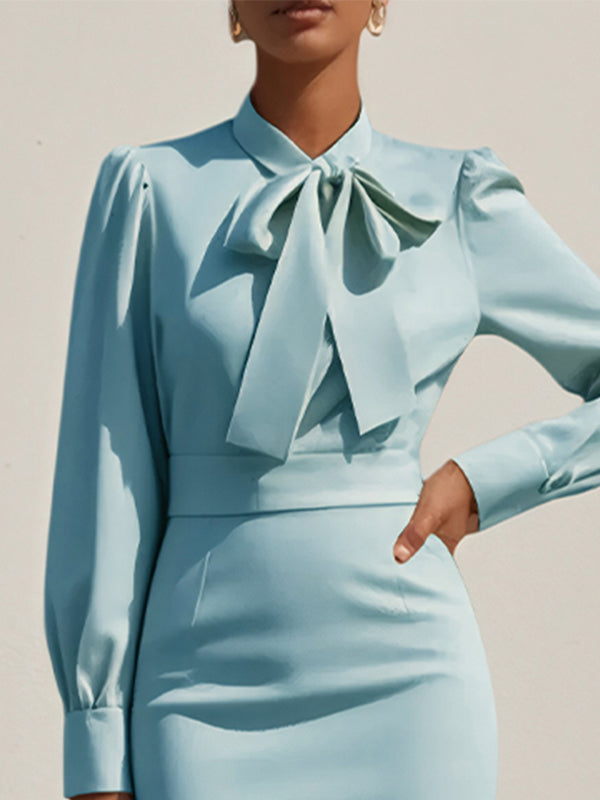 Light Blue High Neck Long Sleeve Sheath Knee Length Dress