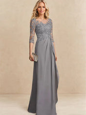 A-line Scoop Illusion Floor-Length Chiffon Lace Mother of the Bride Dress With Beading Sequins Cascading Ruffles