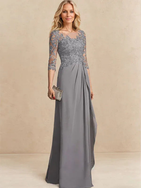 Robe de mère de la mariée trapèze en mousseline de soie et dentelle, longueur au sol, avec perles, paillettes et volants en cascade 