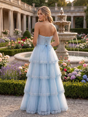 Strapless Beaded Tiered Tulle A-Line Prom Dress with Corset Back