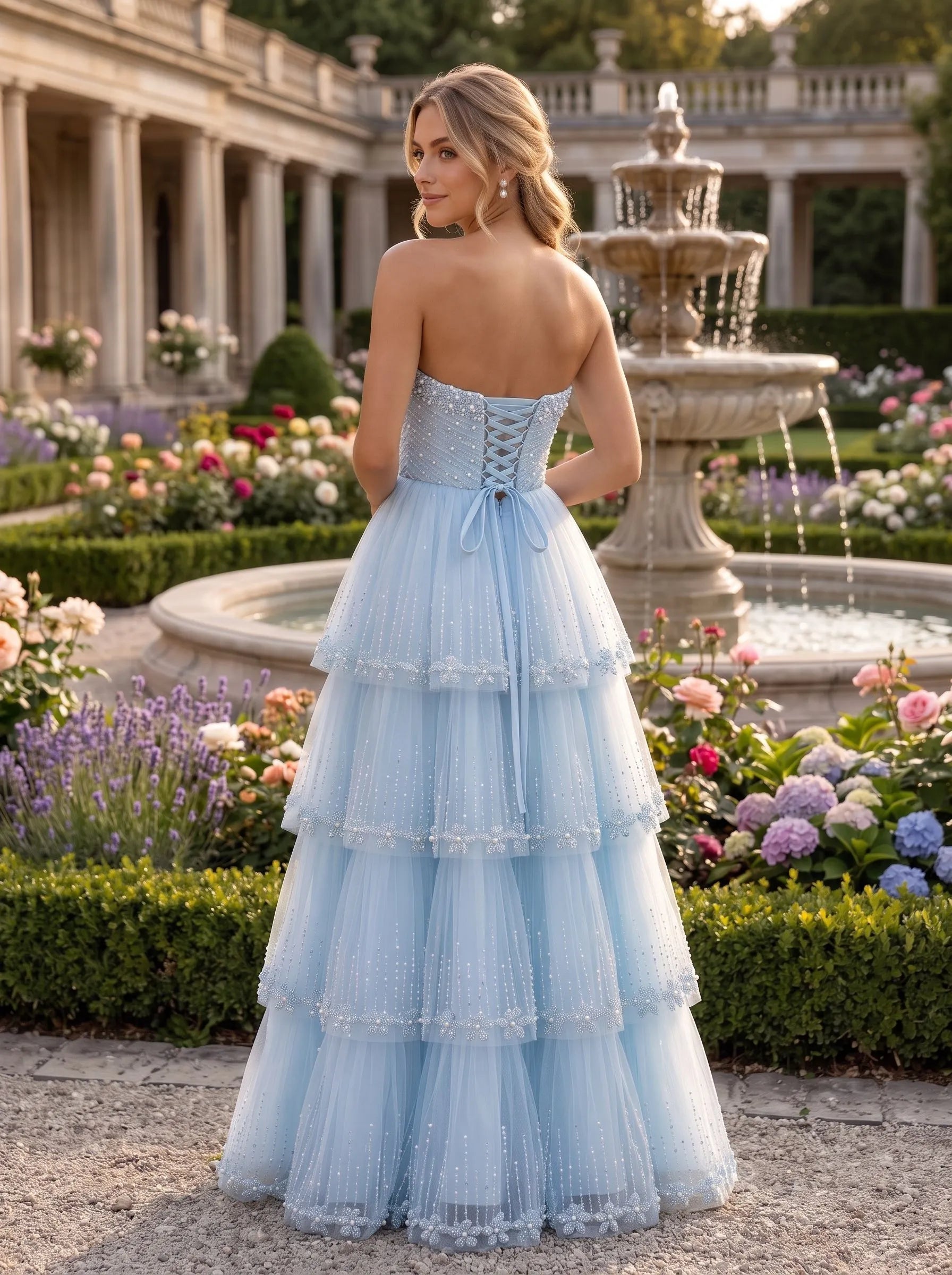 Strapless Beaded Tiered Tulle A-Line Prom Dress with Corset Back