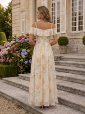 Off-Shoulder Ruffle Floral Chiffon A-Line Maxi Dress Evening Dress