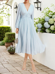 Light Blue Pleated Ruched Balloon Sleeve A-Line Midi Chiffon Dress