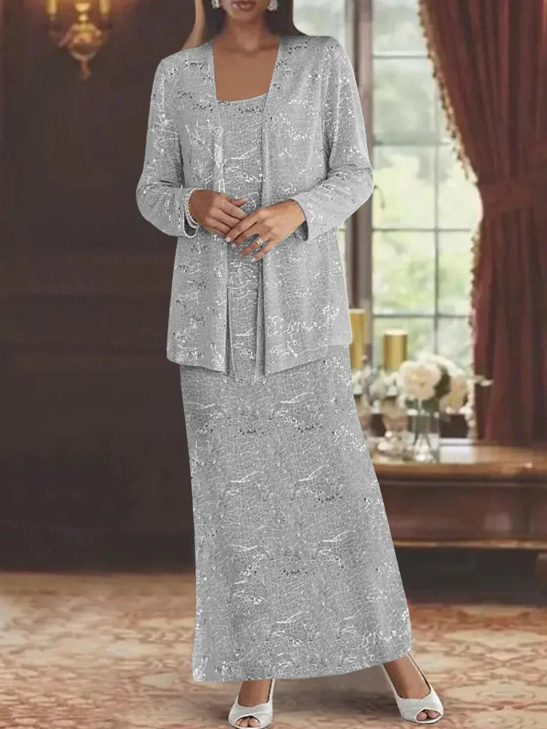 Robes de mère de la mariée en mousseline avec paillettes et veste 