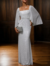 Silver Rhinestone Sequin Square Neck Three Quarter Sleeve Sheath Gown Dress