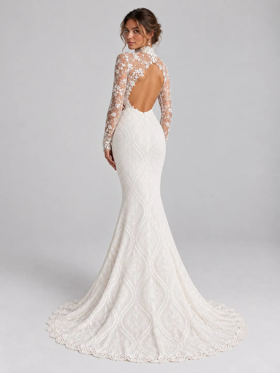 High-Neck Long-Sleeve Lace Mermaid Wedding Dress with Cutouts