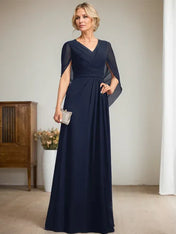 Dark Navy A-Line V-Neck Long Mother of Bride Dress
