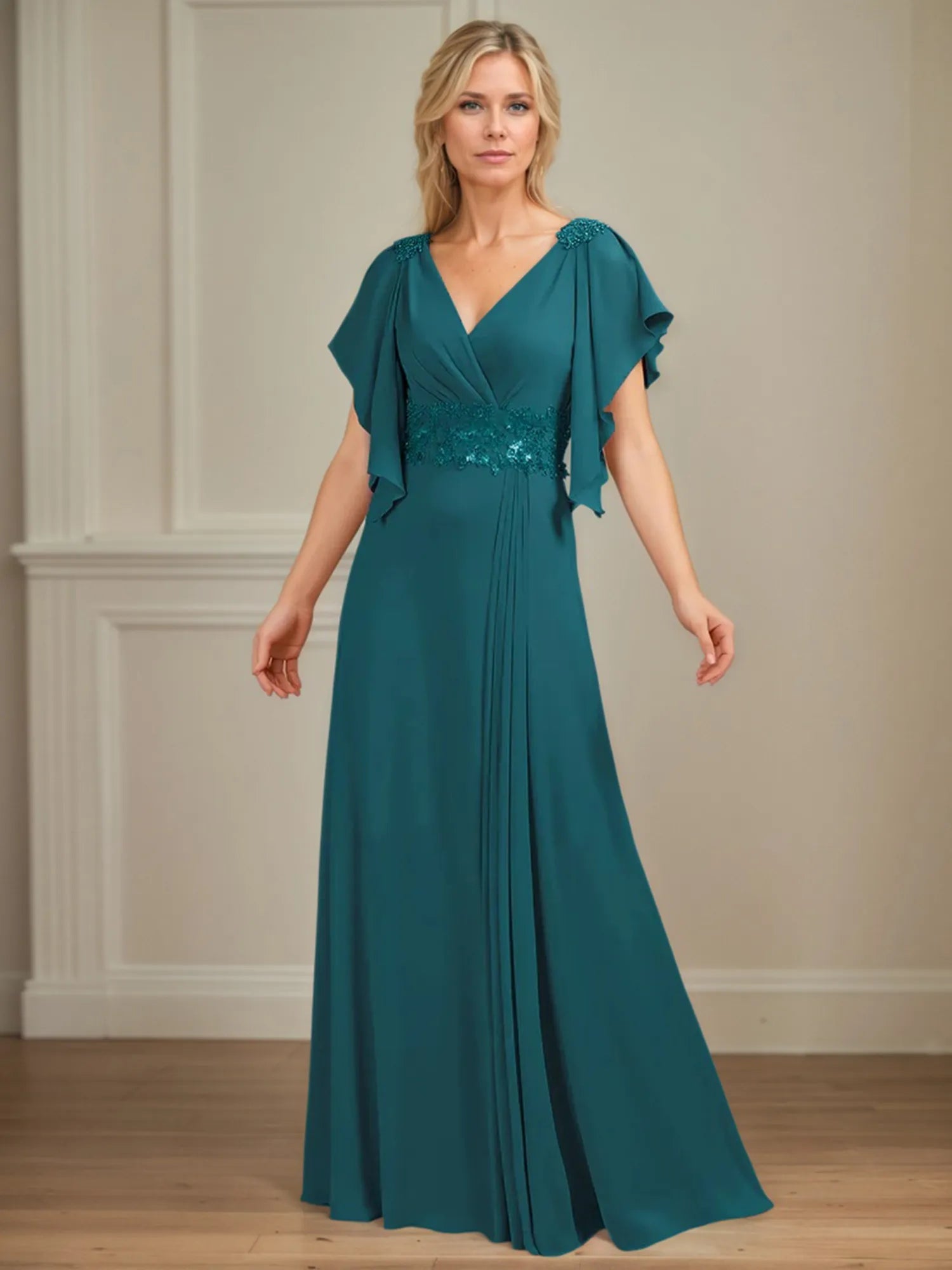A Line V Neck Appliqued Floor Length Mother of the Bride Dress with Ruffles