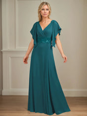 A Line V Neck Appliqued Floor Length Mother of the Bride Dress with Ruffles