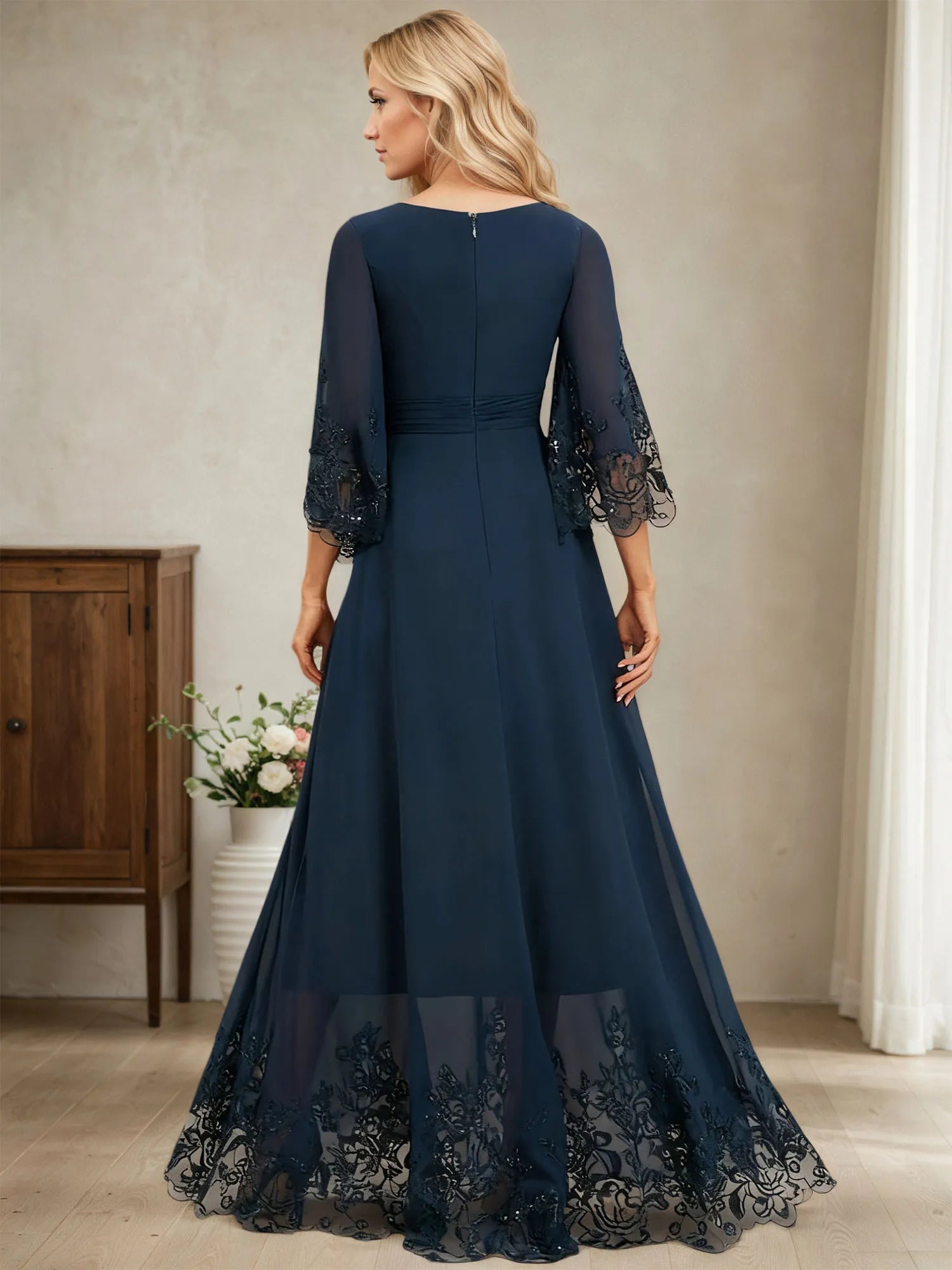 A-line V-Neck Floor-Length Chiffon Evening Dress With Pleated Sequins