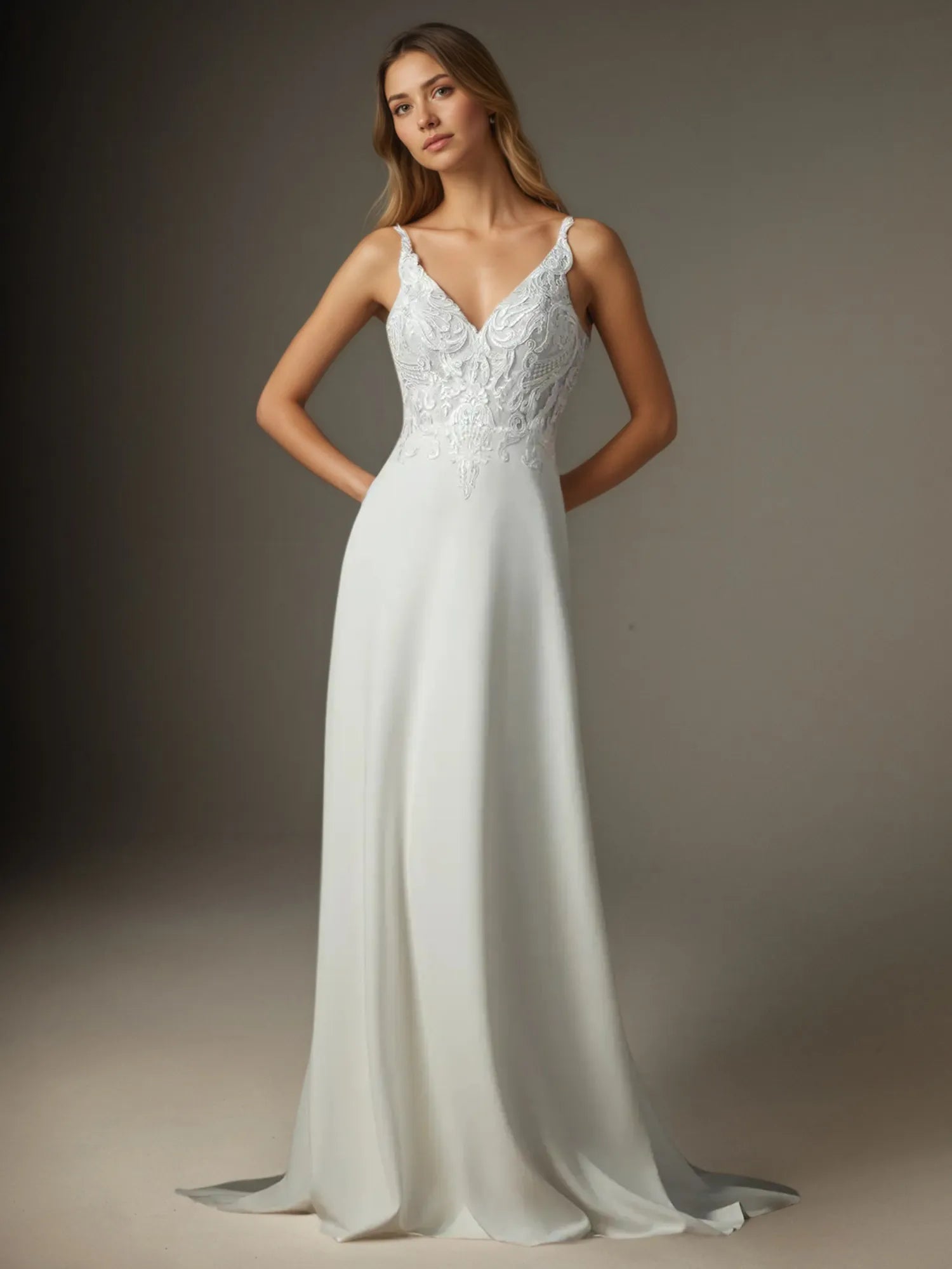 White A-Line V-Neck Sequins Stretch Crepe  Stretch crepe Lace Wedding Dress