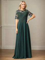 A Line Chiffon Scoop Neck Short Sleeves Floor Length Mother of the Bride Dresses