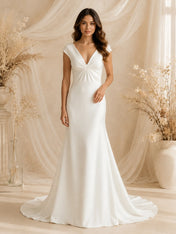 V-Neck Cap-Sleeve Satin Mermaid Wedding Dress with Sweep Train