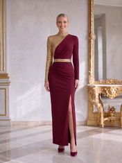 High Neck Long Sleeve Gold Sequin Color Block Sheath Evening Dress