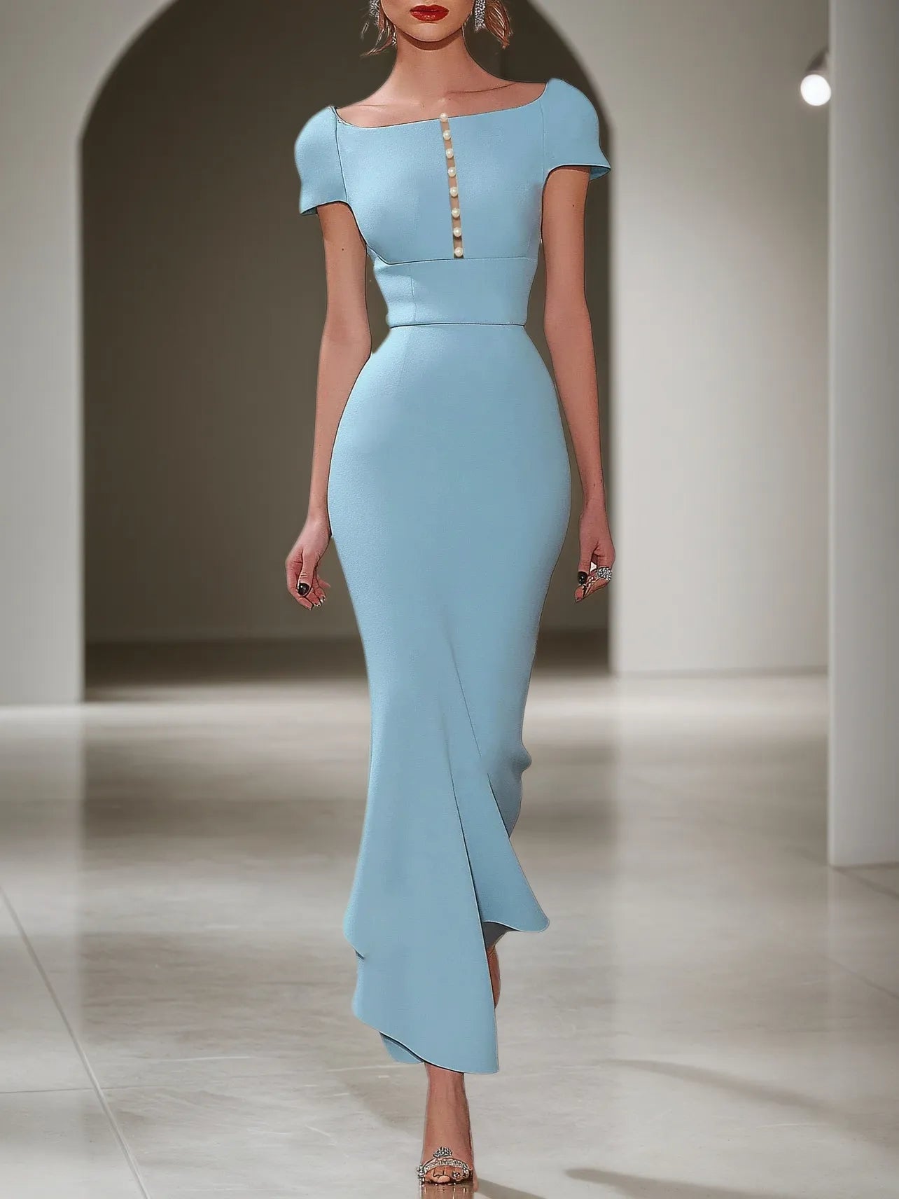 Light Blue Imitation Pearls Square Neck Short Sleeve Maxi Dress