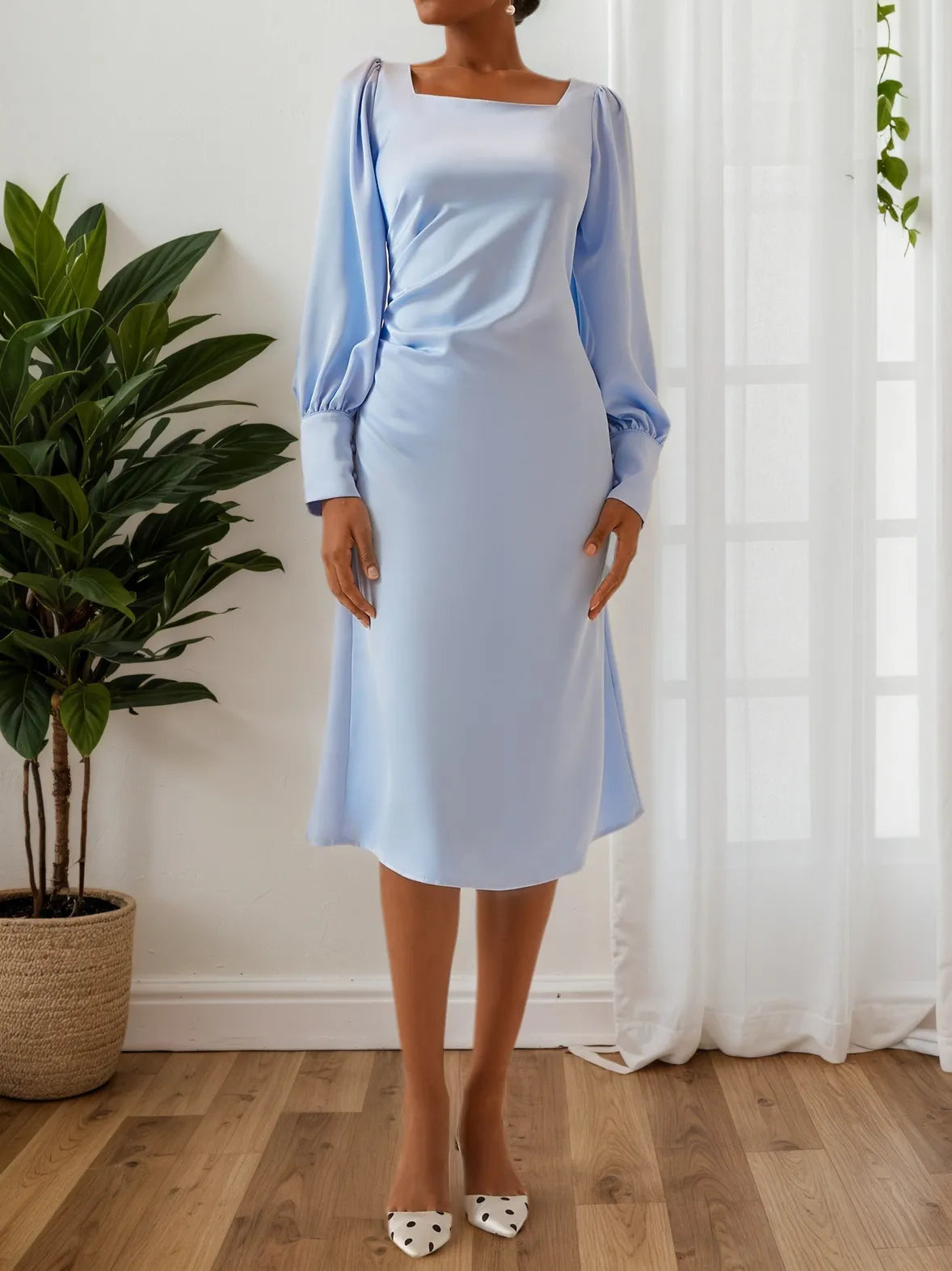 Blue Square Neck Long Sleeve A-Line Midi Dress