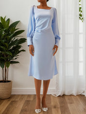 Blue Square Neck Long Sleeve A-Line Midi Dress