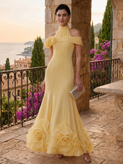 Halter Off-the-Shoulder Yellow Chiffon Mermaid Evening Dresses with 3D Rosettes