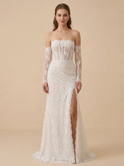 Strapless Lace Mermaid Wedding Dress with High Front Slit and Detachable Sleeves