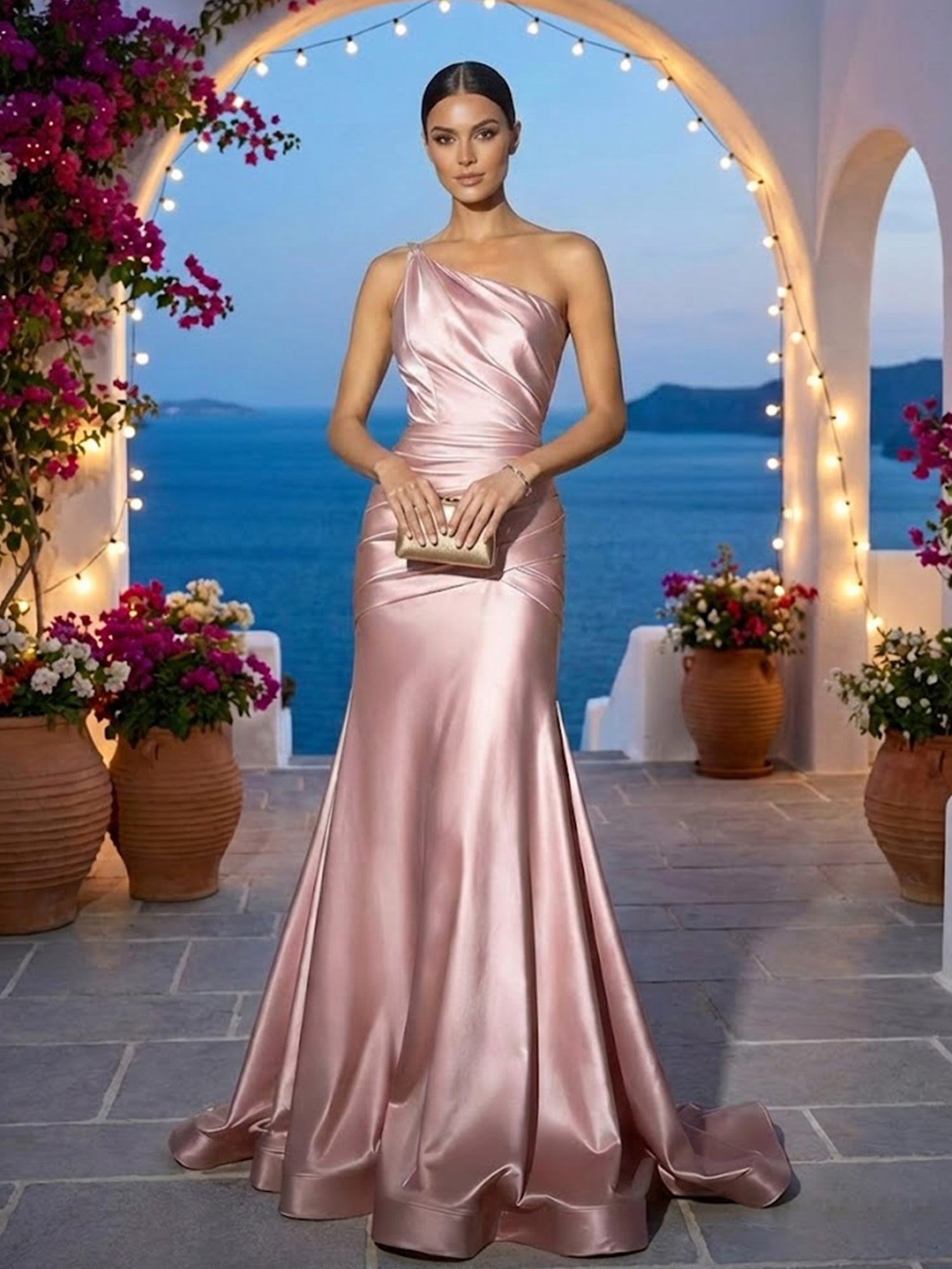 Dusty Pink One Shoulder Evening Dress with Pleat Mermaid Maxi Dress